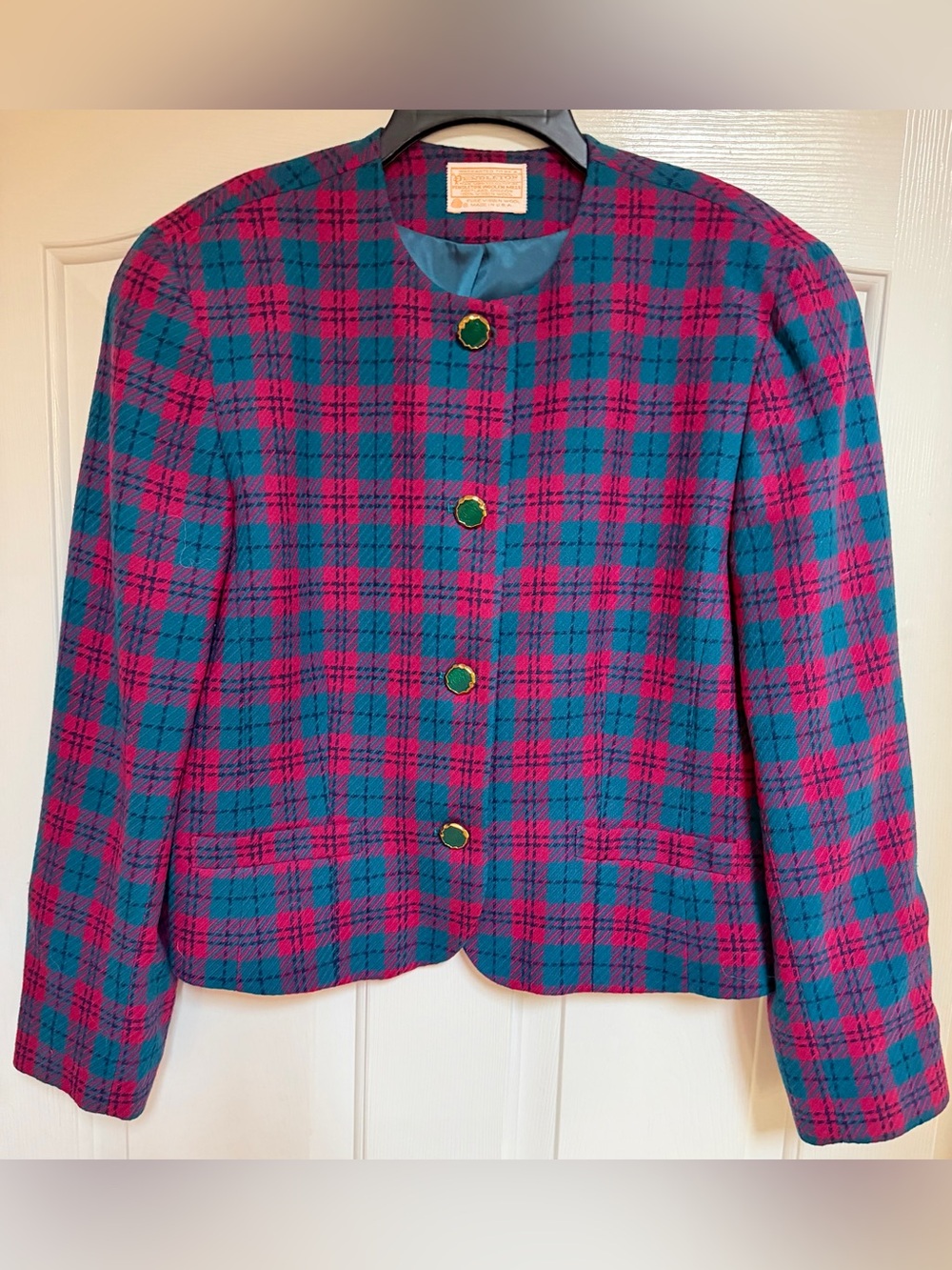 Vintage Pendleton 100% Virgin Wool Plaid Jacket Teal Magenta Gold Button USA